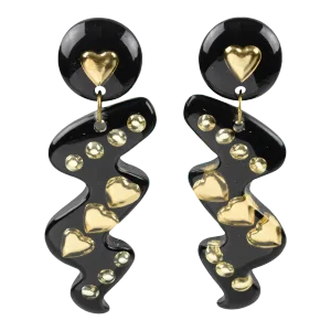 Oversized Dangle Black Lucite Clip Earrings With Gilded Heart Inclusions - 2 Pieces