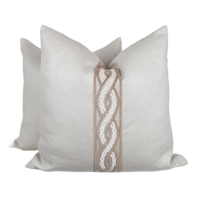 Designer Ivory Linen and Tan Velvet Chain Tape Pillow Covers- a Pair For Sale