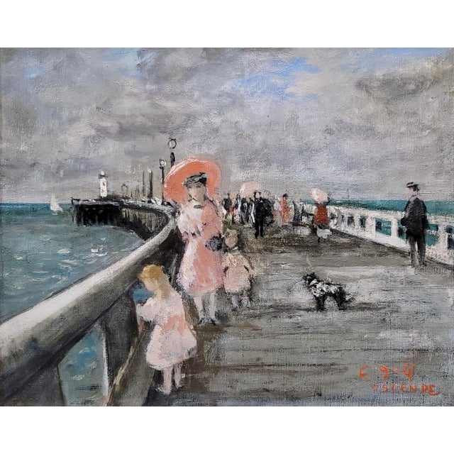 Figurative Francois Gall -Elegant Woman W/Parasol & Her Two Girls at the Pier-Oil Painting For Sale - Image 3 of 10