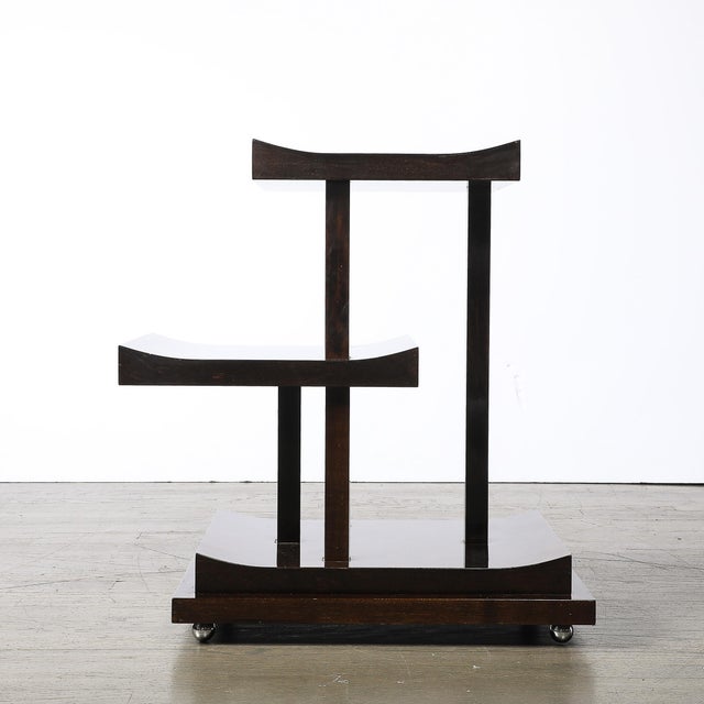 Brown Art Deco Rectilinear Swooping Three Tier Walnut Offset Side Table W/ Plinth Base For Sale - Image 8 of 15