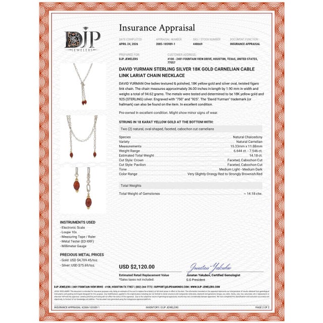 David Yurman Sterling Silver 18k Gold Carnelian Cable Link Lariat Chain Necklace For Sale - Image 9 of 9