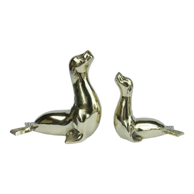 Vintage C.1960's Polished Brass Pair of Seals, Decorative Accents, And/Or Bookends -2 Pieces For Sale