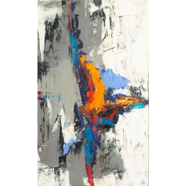 An abstract oil on board painting by the Polish-American artist Harry Mintz (1907-2002). This dynamic abstract work...
