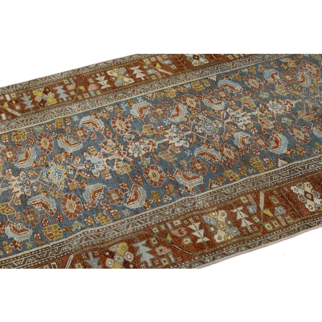 Textile 19th Century Antique Malayer Wool Runner Rug With Slate Blue Field & Rust Border For Sale - Image 7 of 10