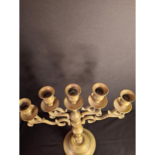 Antique Polish Brass 5 Light Sabbath Candelabra 19th C Judaica Menorah Candle For Sale - Image 9 of 18