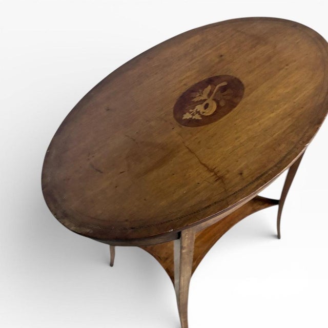 Antique Edwardian Oval Side Table in Wood with Inlay and Tapered Legs For Sale - Image 6 of 7