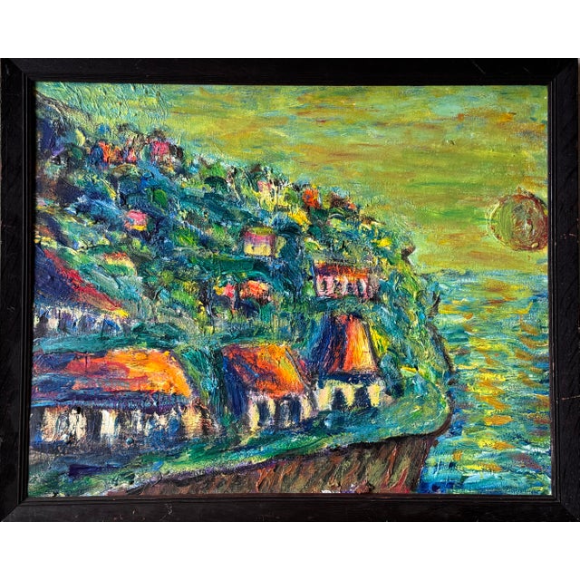 A dynamic and texturally rich Expressionist study of a coastal hillside village at sunset. This unsigned original oil...