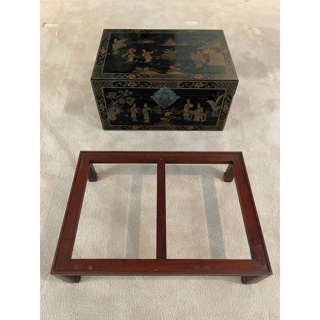 Late 20th Century Antique Chinese Hand Painted Pigskin Trunk, Black Lacquer For Sale - Image 9 of 11