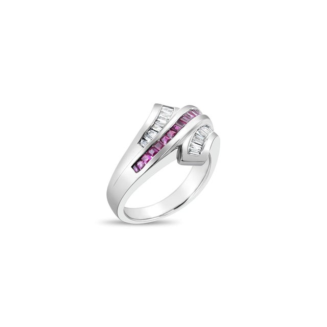 Contemporary Ruby Diamond Baguette Bypass Cocktail Ring, Size 3 For Sale - Image 3 of 3