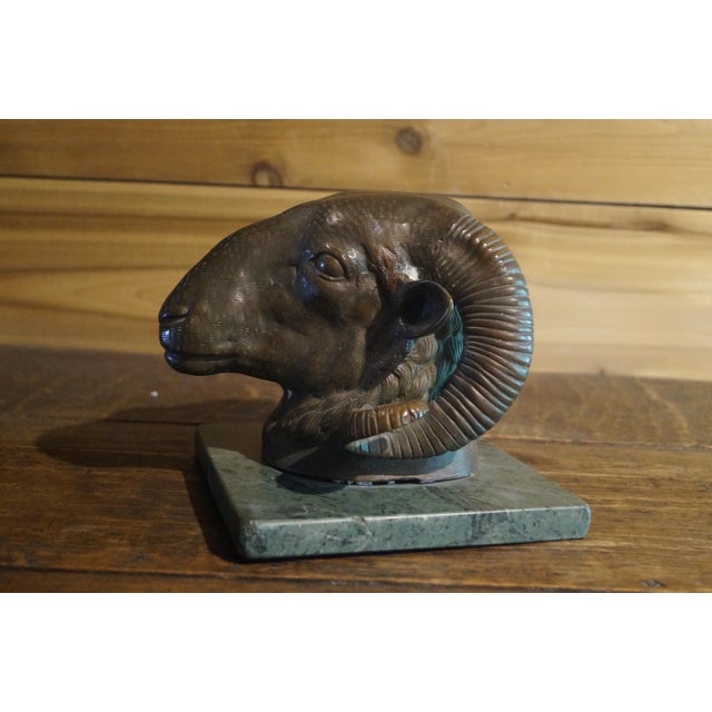 1940s Bronze Ram Head Sculpture on Marble Base For Sale - Image 4 of 8