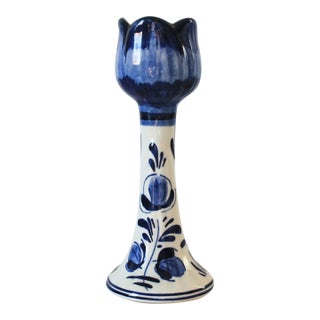 Vintage Blue & White Hand Painted Delft Holland Ceramic Tulip Candle Holder For Sale