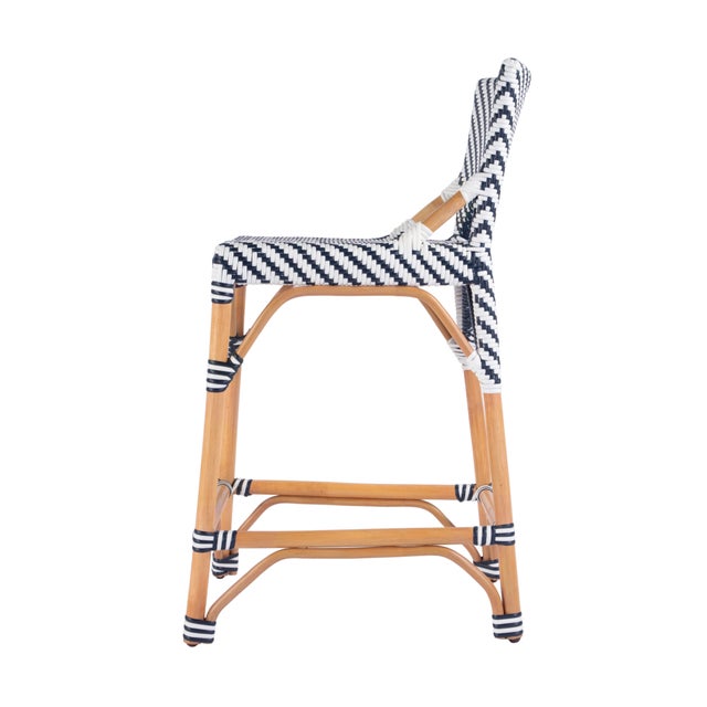 2020s Creanly 25.25 in. Seat Height Rattan Counter Stool with Back and Footrest, White/Navy Dot / Natural Rattan Frame For Sale - Image 5 of 8