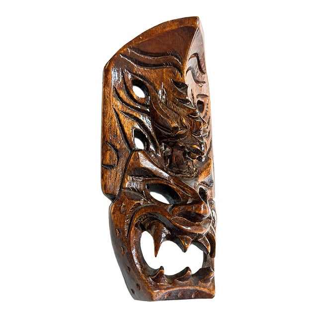 Vintage Balinese Hand-Carved Wood Dragon & Demon Wall Mask For Sale