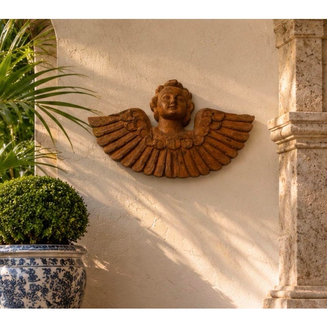 Sienna Antique Neoclassical Carved Wood Cherub Winged Wall Plaque For Sale - Image 8 of 12