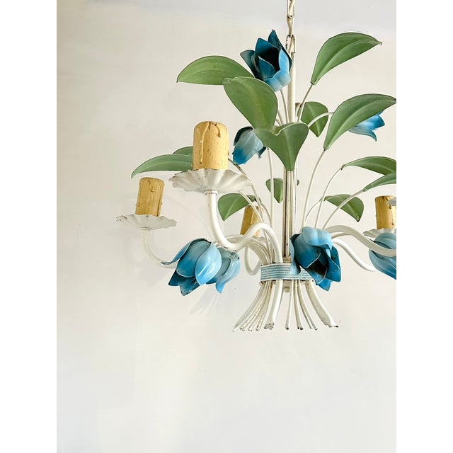 Mid-Century Modern French Blue Tole Tulip 5-Light Chandelier, 1960s For Sale - Image 3 of 18