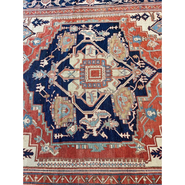 Persian Antique Persian Serapi Carpet Handmade Oriental Rug Light Blue, Ivory, Rusty Red For Sale - Image 3 of 12
