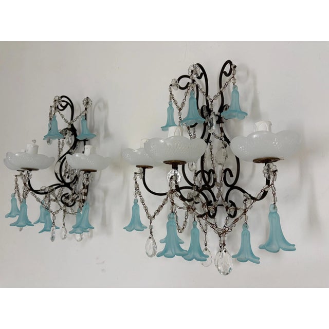 Italian C 1930 Aqua Blue Murano Bell Flowers Crystal Prisms Sconces One of a Kind For Sale - Image 3 of 11
