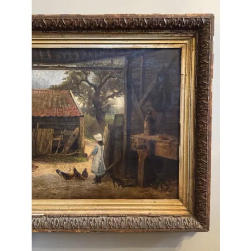 E. Allum 1886 Oil on Canvas Gathering the Chickens Framed Victorian Painting For Sale In Minneapolis - Image 6 of 12
