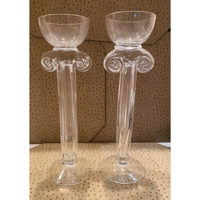 Pair of 1980s Hand Blown Glass Candlesticks, Corinthian Column Style Fluted Glass With Candle Cup Holder on Top For Sale - Image 4 of 9
