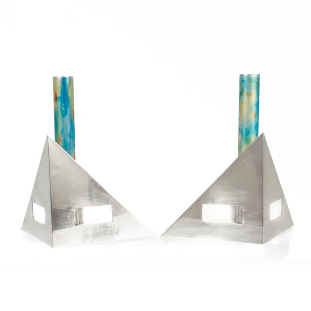 English Pair Signed Arie Ofir Israeli Sterling Silver & Anodized Aluminum Candlesticks For Sale - Image 3 of 12