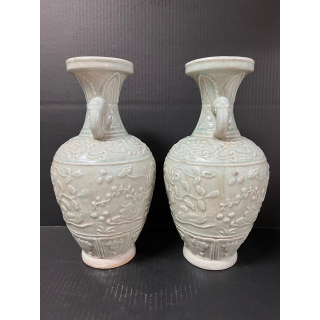 Late 20th Century Pair of Chinese Art Celadon Porcelain Vase Raised Floral Design For Sale - Image 5 of 10