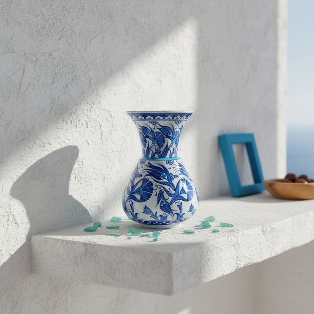 Chinoiserie Handmade Ceramic ”Kandil” Vase (20cm) – Blue and White Fan Carnations – Wide Flared Neck For Sale - Image 3 of 7