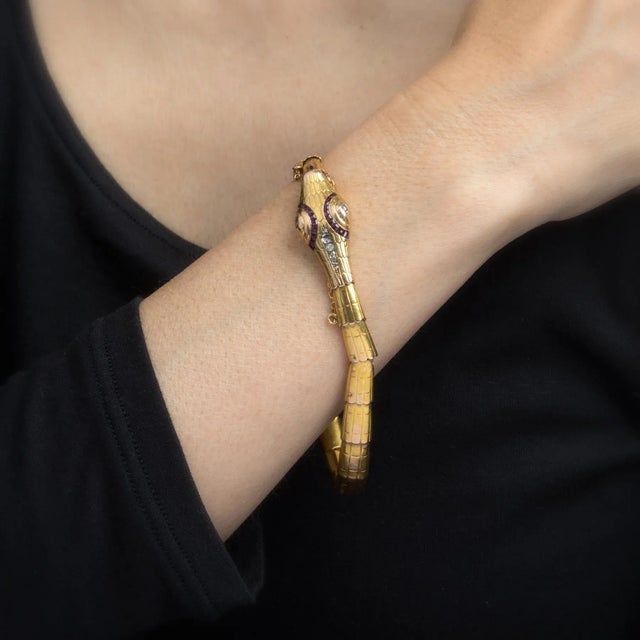 Early 20th Century Antique Edwardian Snake Bracelet 18k Yellow Gold Diamond Ruby Vintage For Sale - Image 5 of 6