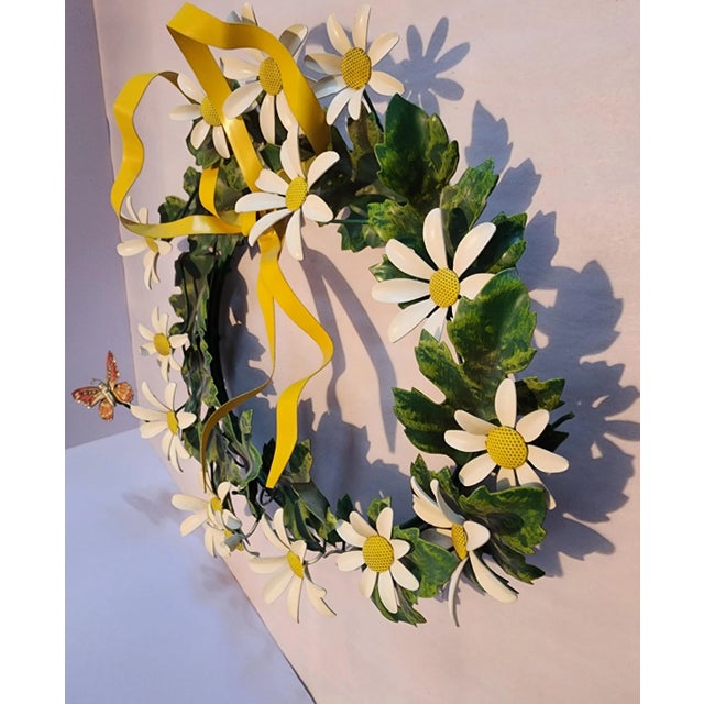 French Country Petite Choses Vintage Tole Wreath With Daisies, Yellow Bow & Butterfly For Sale - Image 3 of 5