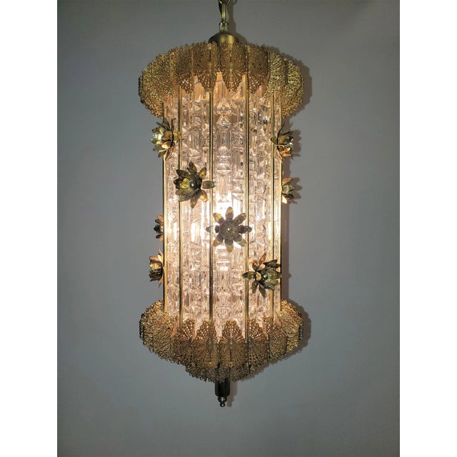 Mid-Century Modern Original 1960's Glass and Gilt Steel Lantern With Flowers For Sale - Image 3 of 13