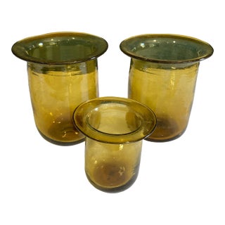 Mid 20th Century Art Glass Hand Blown Amber Candle Holders, Set of 3 For Sale