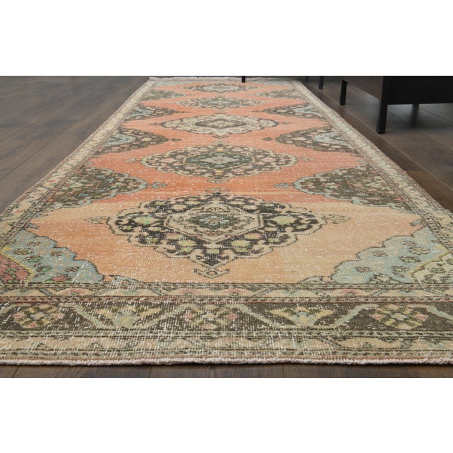 Art Deco 1970s Vintage Turkish Oushak Handmade Wool Cotton Orange Runner Rug For Sale - Image 3 of 11