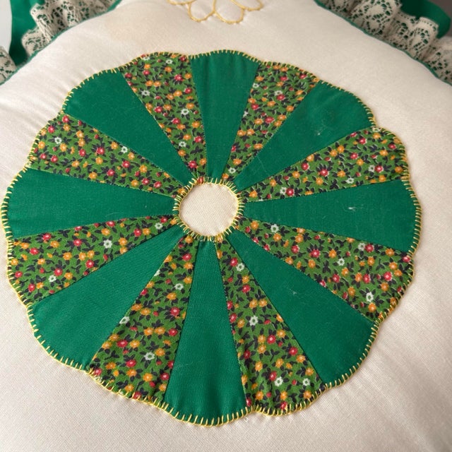 Green Quilt Square Ruffle Pillow For Sale - Image 8 of 9