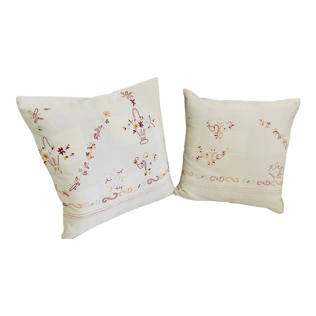Homespun Linen Folk Art Linen Pillows Feather Down S2 For Sale