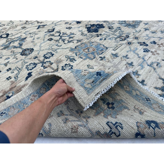 Oushak Handmade Wool Rug With Blue and Ivory Floral Design For Sale - Image 9 of 12