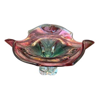 Murano Glass Footed Bowl Emerald Green, Pink & Clear, Italy, Late 20th Century For Sale