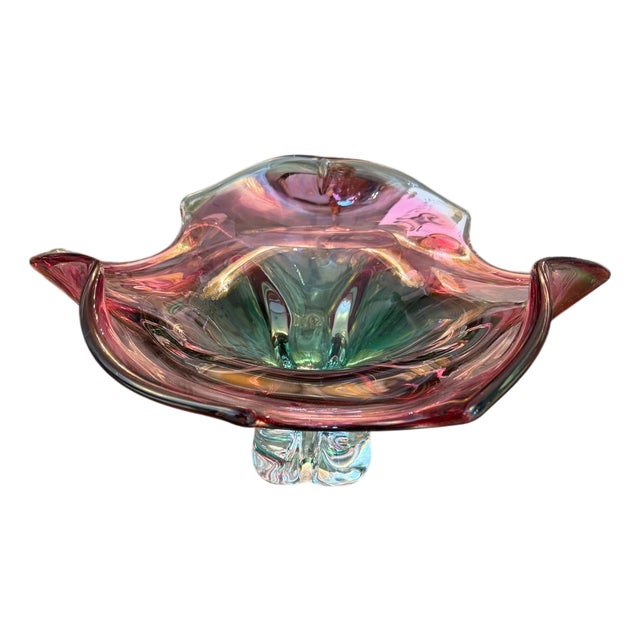 Murano Glass Footed Bowl Emerald Green, Pink & Clear, Italy, Late 20th Century For Sale