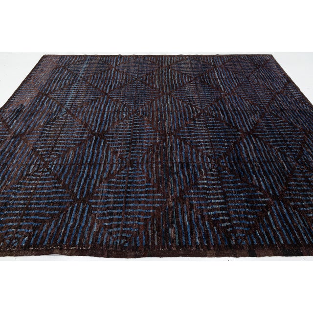 Blue Contemporary Modern Moroccan Style Geometric Wool Area Rug in Deep Espresso For Sale - Image 8 of 12