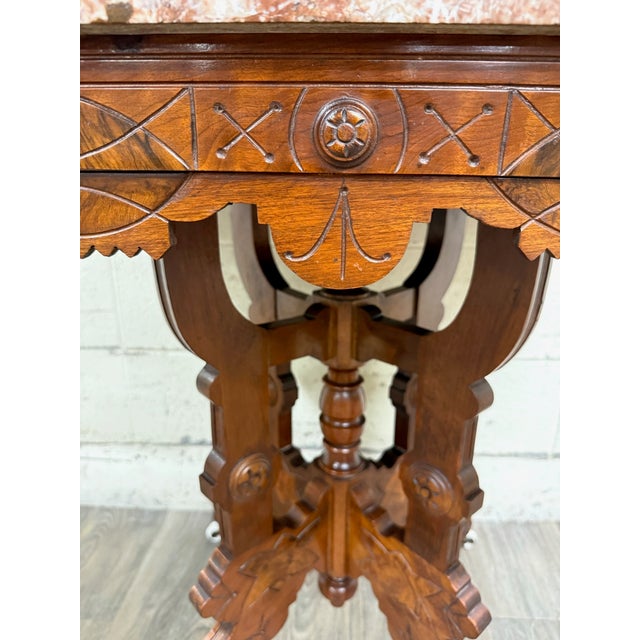 Antique Victorian Eastlake Marble Top Walnut Parlor Table For Sale - Image 4 of 14