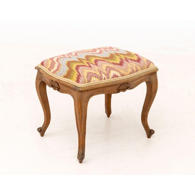 Wood Louis XV Style Flame Stitch Upholstered Stool For Sale - Image 7 of 8