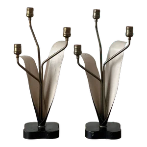 Mid-Century Enameled Brass Floral Lamps - a Pair