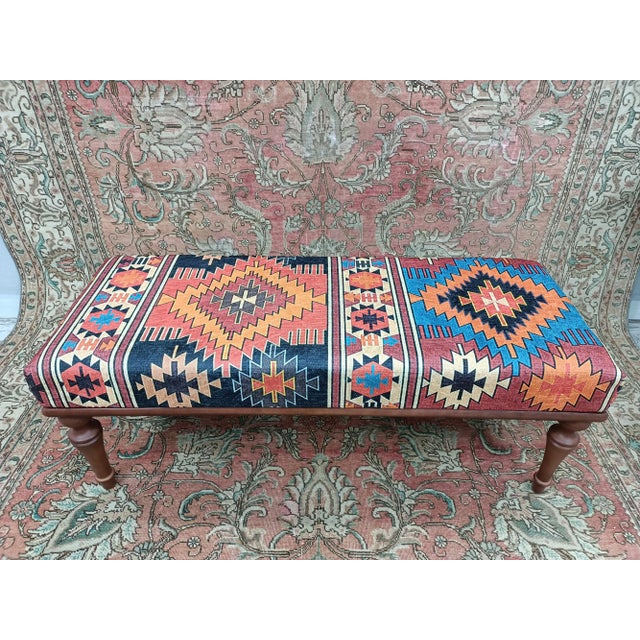 Aztec Pattern Printed Rug Fabric Upholstered Pouffe Bench For Sale - Image 10 of 10