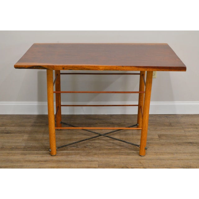 High Quality Unusual Studio Crafted Solid Wood Top Table with Cross Metal Stretcher Base This item includes restricted...