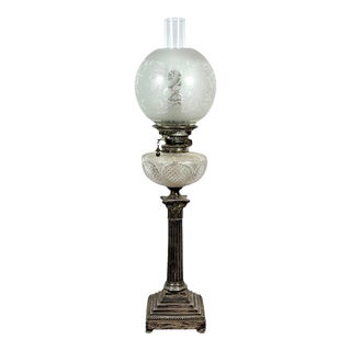 Stunning 29” 1875 Sheffield Sterling Silver and Cut Glass Corinthian Banquet Lamp For Sale