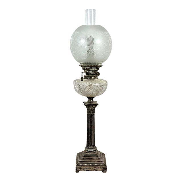 Stunning 29” 1875 Sheffield Sterling Silver and Cut Glass Corinthian Banquet Lamp For Sale