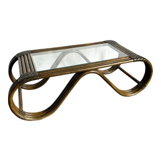 Boho Chic Rattan and Leather Weave Sculpted Coffee Table For Sale