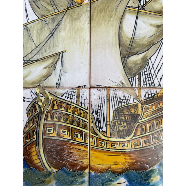 Late 20th Century Hand Painted Caravel Sailing Ship Polychrome Portuguese Azulejos Tile Mural - Set of 6 For Sale - Image 5 of 13
