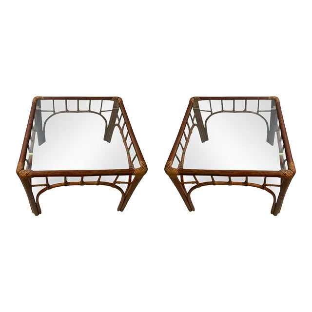 1970s High Style Bamboo, Rattan & Brass End Tables - A Pair For Sale