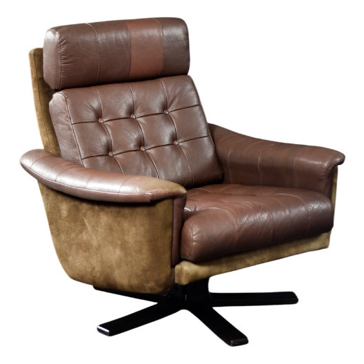 Mid-Century Danish Modern Brown Leather Swivel Armchair from Lystager Industri, 1970s For Sale