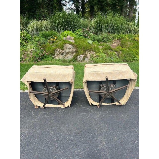 Pair of Tufted Button Back Swivel Chairs in a Cream Color With Brown Piping For Sale - Image 18 of 18
