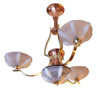 French Opalescent 3-Arm Chandelier in Brass and Glass from Petitot, 1930s For Sale